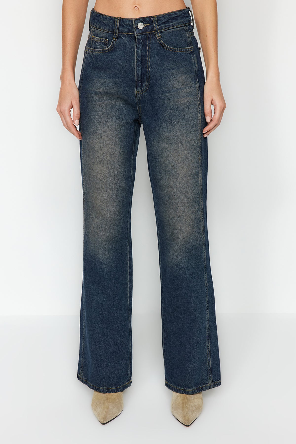 Koyu Mavi Yüksek Bel Geniş Paça Wide Leg Jeans %100 Pamuk Non-Stretch TWOAW24JE00313