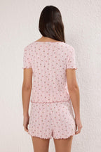 Trendyolmilla Beyaz %100 Pamuklu Çiçekli Kurdele/Fiyonklu Fitilli Şortlu Örme Pijama Takımı THMSS25PT00434