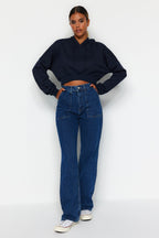 Trendyolmilla Siyah Cep Detaylı Yüksek Bel Wide Leg Jeans TWOAW22JE0595