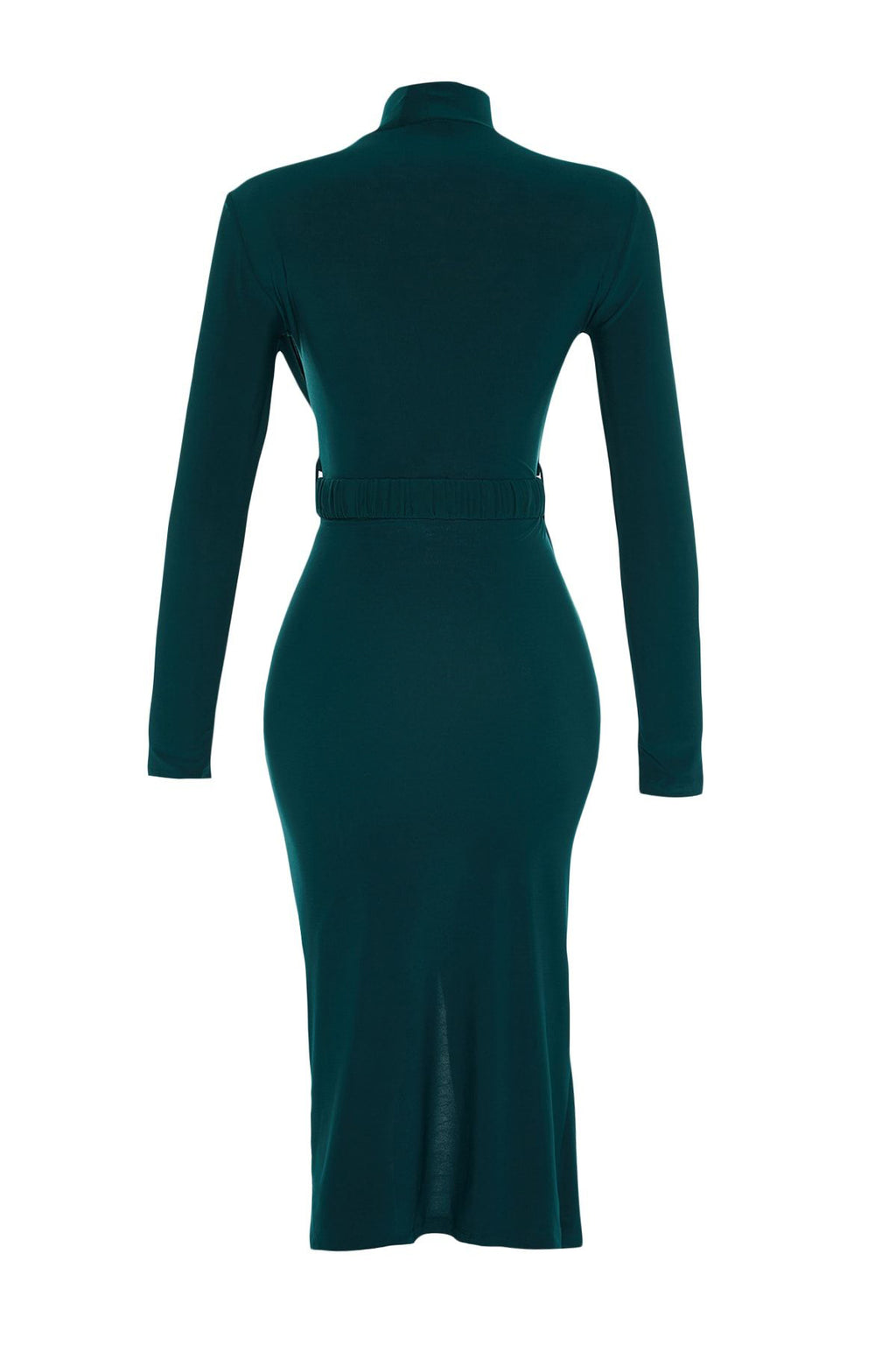 Trendyolmilla Siyah Fitted/Vücuda Oturan Dik Yaka Drapeli Kemerli Esnek Örme Kalem Elbise TWOAW22EL0434