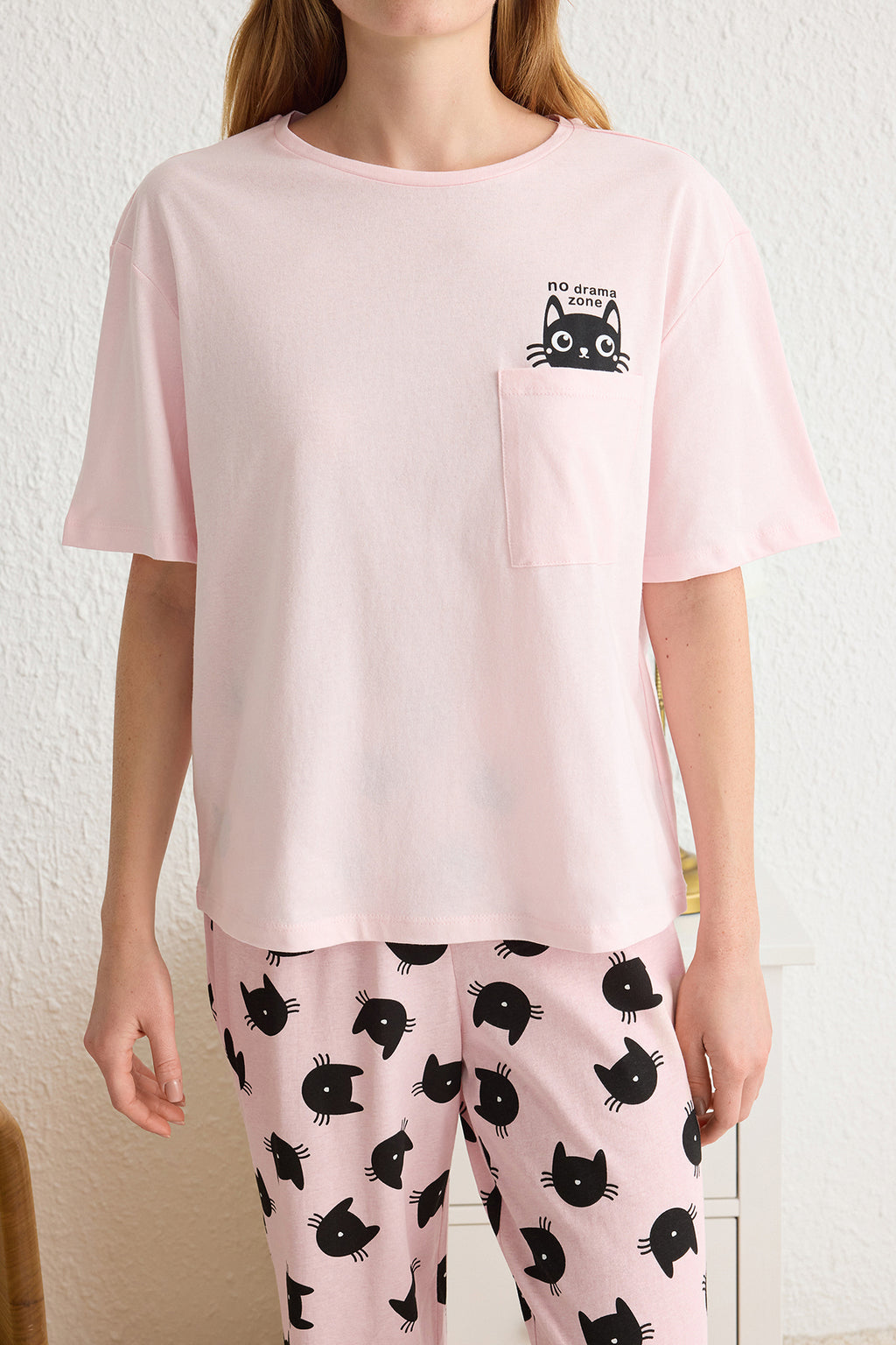 Pembe %100 Pamuklu Kedi Desenli Örme Pijama Takımı THMSS25PT00161