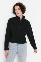 Trendyolmilla Siyah Selanik/Triko Görünümlü Fermuarlı Yaka Regular/Normal Kalıp Örme Sweatshirt TWOAW22SW0732
