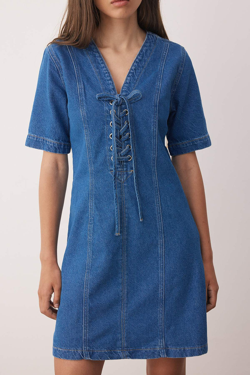 Mavi Kuşgözü Bağlama Detaylı Mini Denim Elbise TWOAW26EL00033