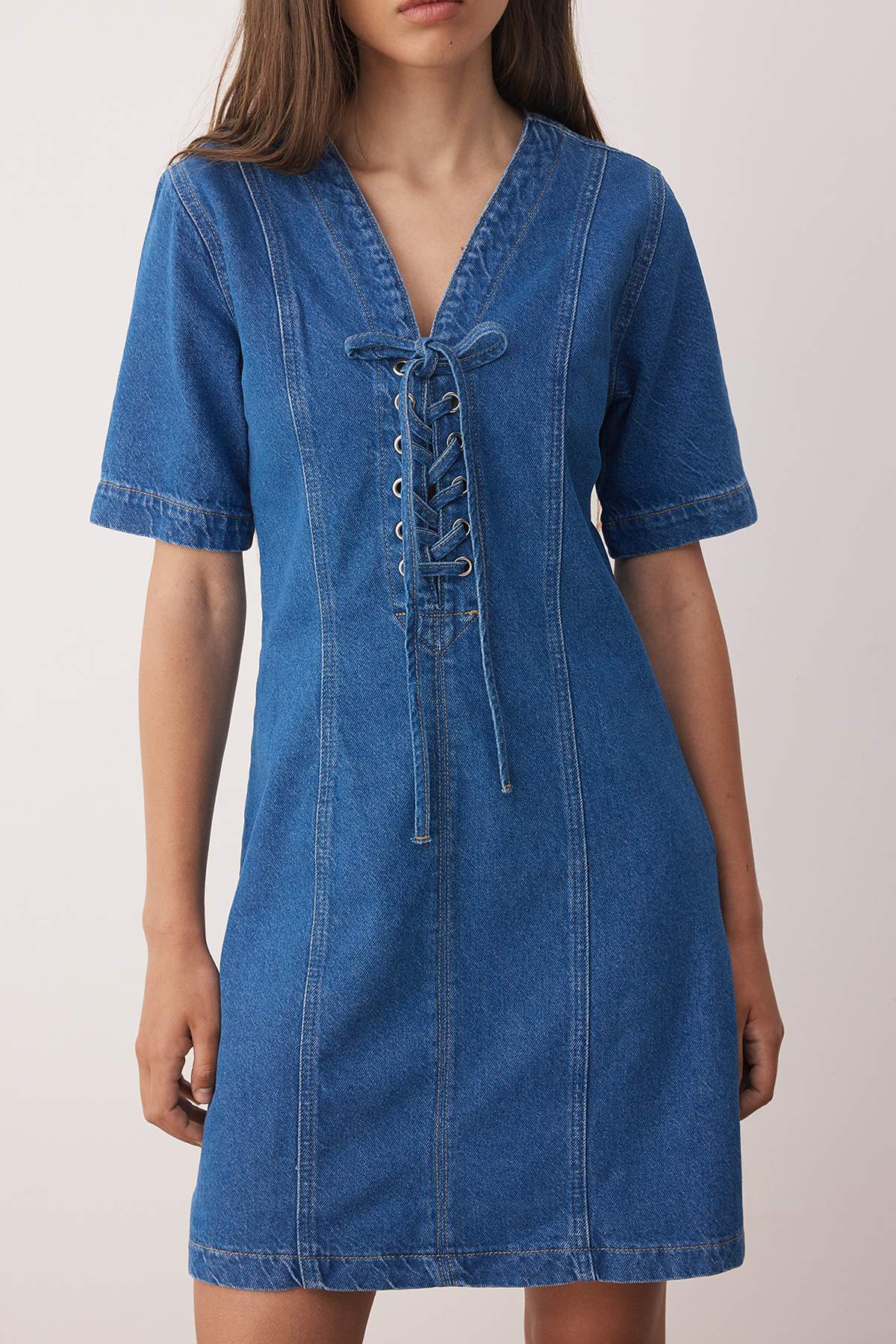 Mavi Kuşgözü Bağlama Detaylı Mini Denim Elbise TWOAW26EL00033