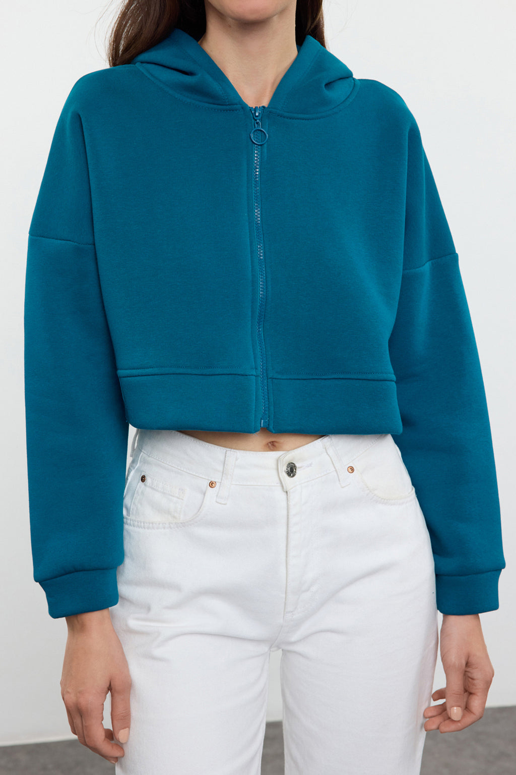 Trendyolmilla Petrol Fermuarlı Kapüşonlu Rahat Kesim Crop Kalın İçi Polarlı Örme Sweatshirt TWOAW20SW0660
