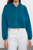 Trendyolmilla Petrol Fermuarlı Kapüşonlu Rahat Kesim Crop Kalın İçi Polarlı Örme Sweatshirt TWOAW20SW0660