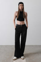 Siyah Kemerli Çizgili Wide Leg/Geniş Paça Pantolon TWOAW26PL00108