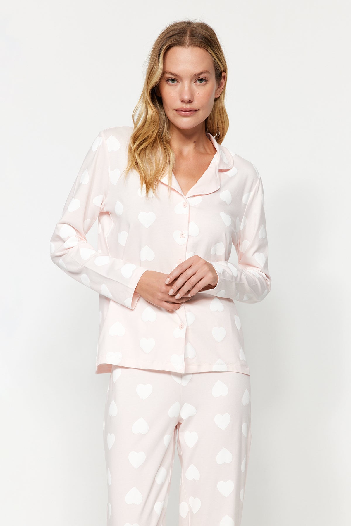 Trendyolmilla Mürdüm %100 Pamuklu Kalpli Gömlek-Pantolon Örme Pijama Takımı THMAW24PT00253