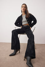 Siyah Siyah Süet Görünümlü Flok Baskılı Yüksek Bel Wide Leg Jeans Yüksek Bel Jeans TWOAW26JE00309