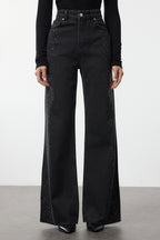 Siyah Taşlı Yüksek Bel Wide Leg Geniş Paça %100 Pamuk Non-Stretch Jeans TWOAW25JE00379