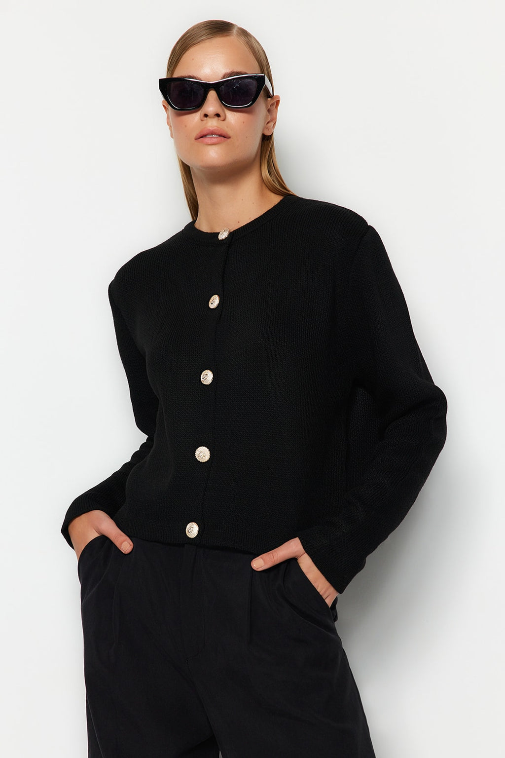 Trendyolmilla Siyah Basic Ceket Görünümlü Triko Hırka TWOAW24HI00090