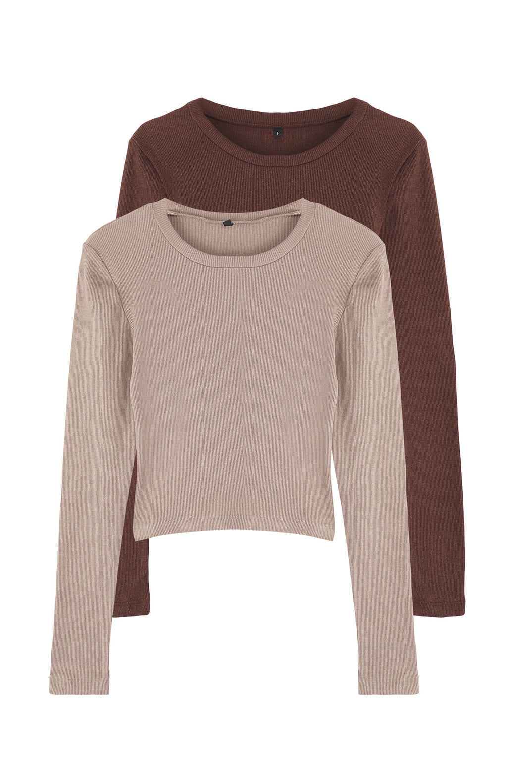 Trendyolmilla Kahverengi-Bej 2'li Paket Vücuda Oturan Bisiklet Yaka Fitilli Crop Esnek Örme Bluz TWOAW22BZ0331