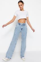 Trendyolmilla Koyu Mavi Bel Detaylı Yüksek Bel Wide Leg Jeans TWOSS21JE0385