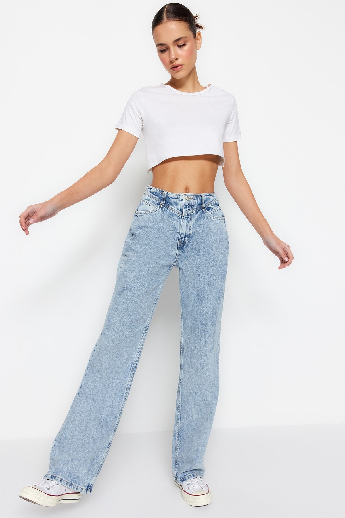 Trendyolmilla Koyu Mavi Bel Detaylı Yüksek Bel Wide Leg Jeans TWOSS21JE0385