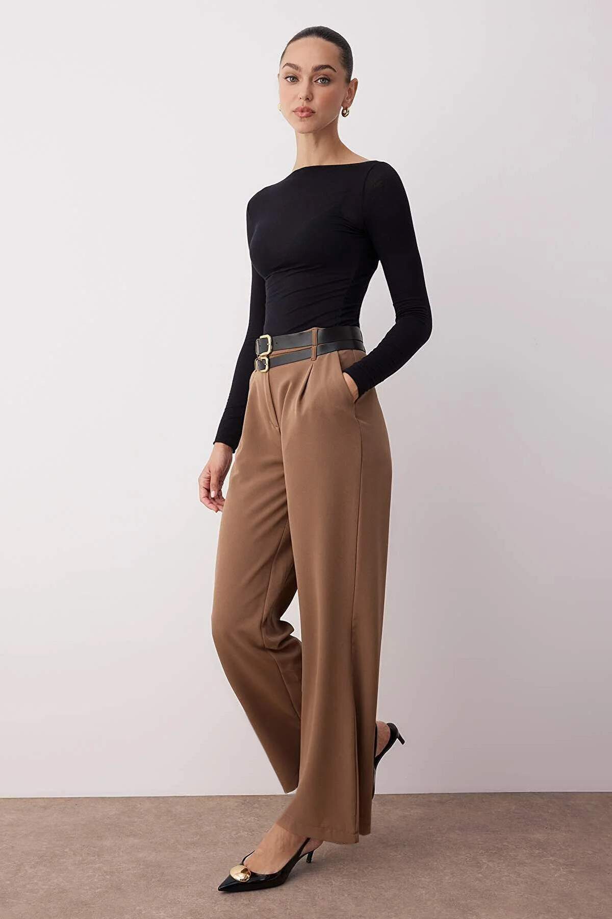 Vizon Çift Kemer Detaylı Wide Leg/Geniş Paça Pantolon TWOAW26PL00013