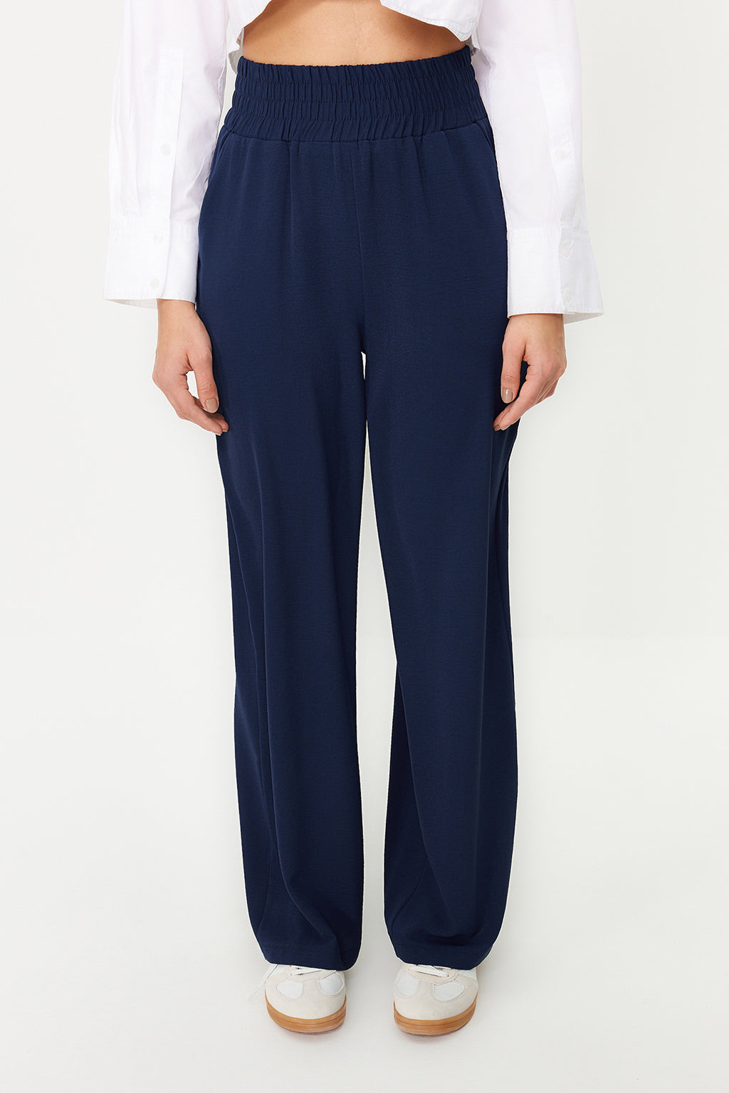 Trendyolmilla Lacivert Wide Leg/Geniş Paça Beli Lastikli Dokuma Pantolon TWOSS22PL00024