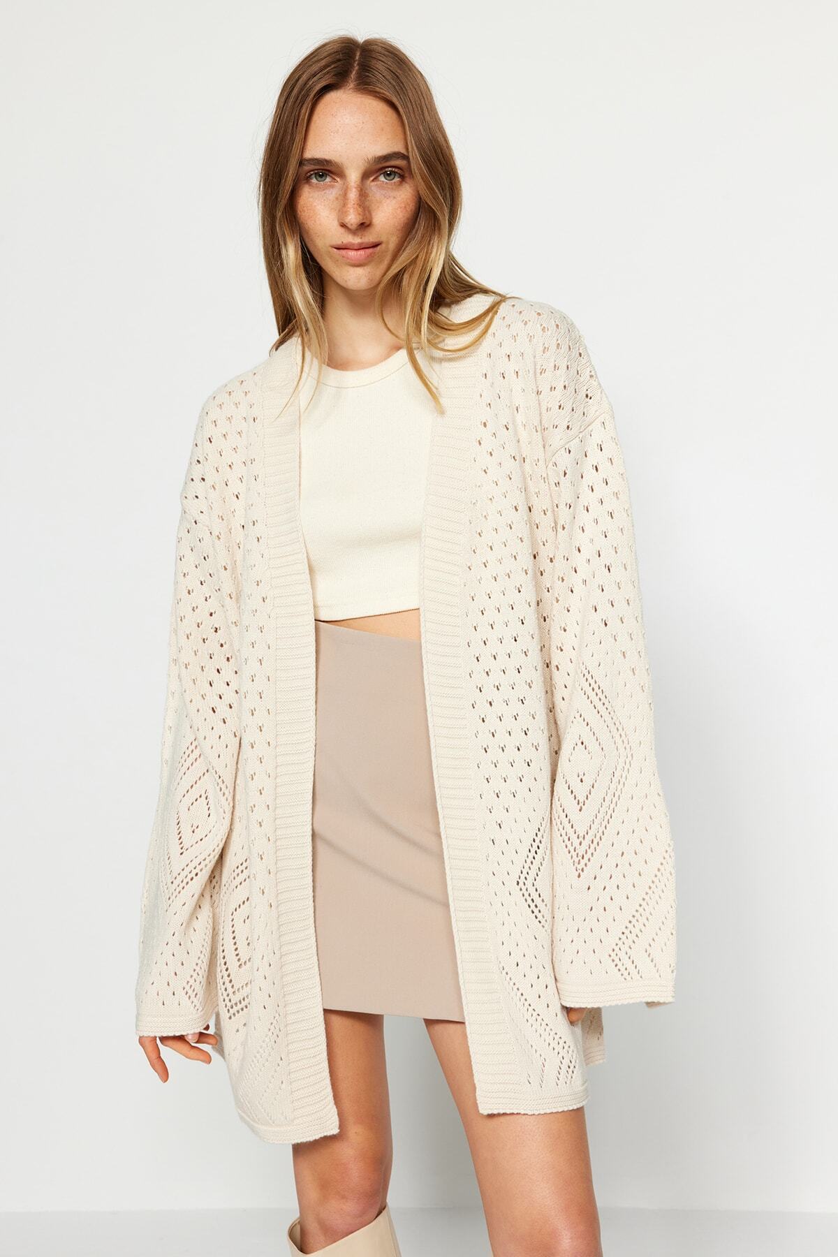 Taş Geniş Kalıp Midi Ajurlu/Delikli Triko Hırka TWOAW24HI00331