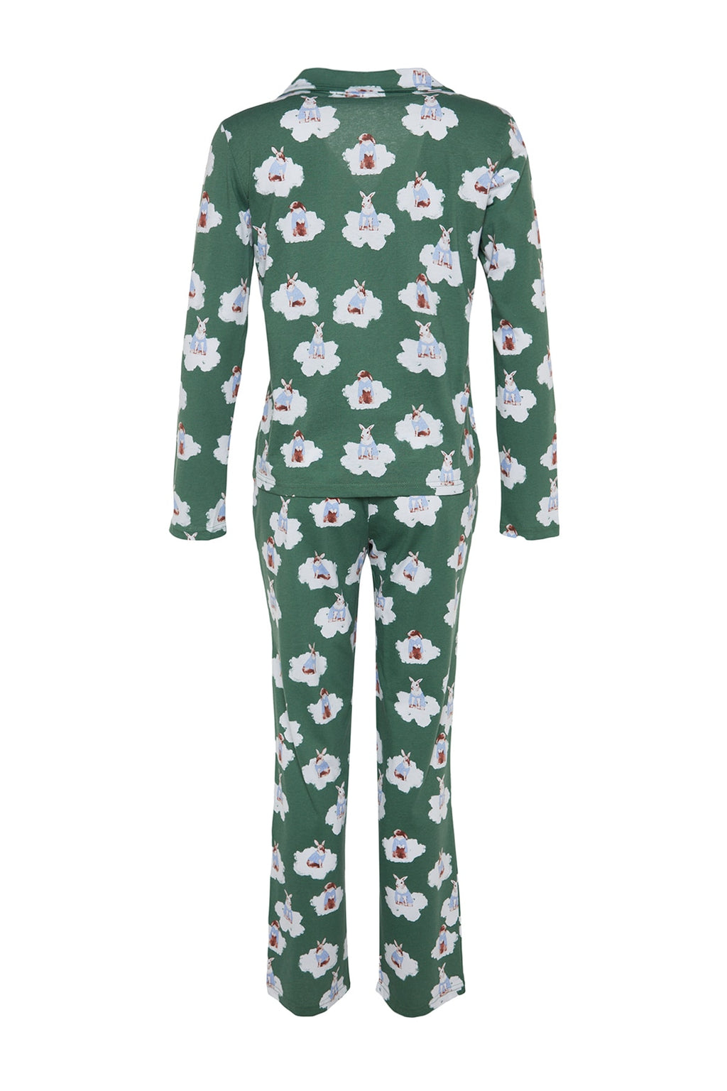 Trendyolmilla Koyu Yeşil %100 Pamuklu Tavşan Desenli Gömlek-Pantolon Örme Pijama Takımı THMAW24PT00002