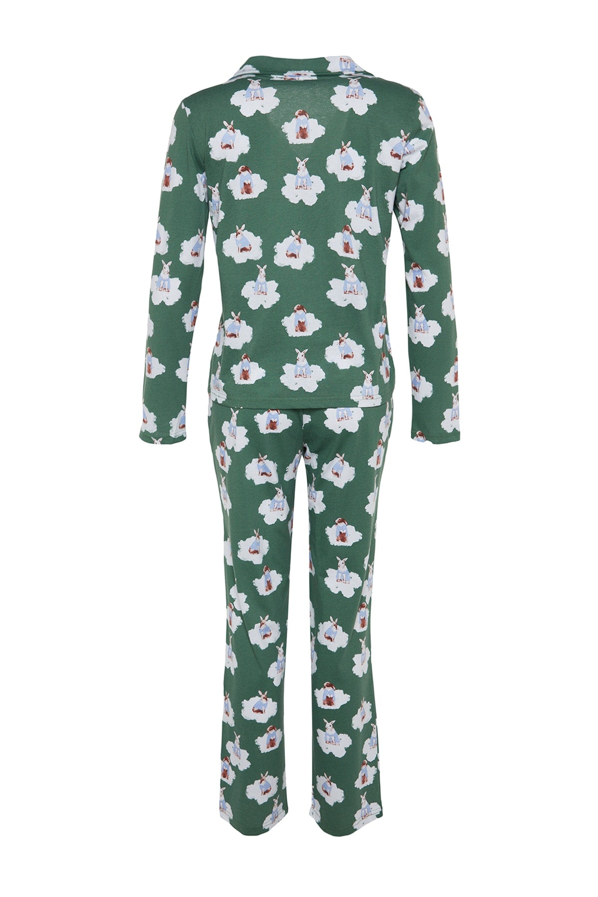 Trendyolmilla Koyu Yeşil %100 Pamuklu Tavşan Desenli Gömlek-Pantolon Örme Pijama Takımı THMAW24PT00002