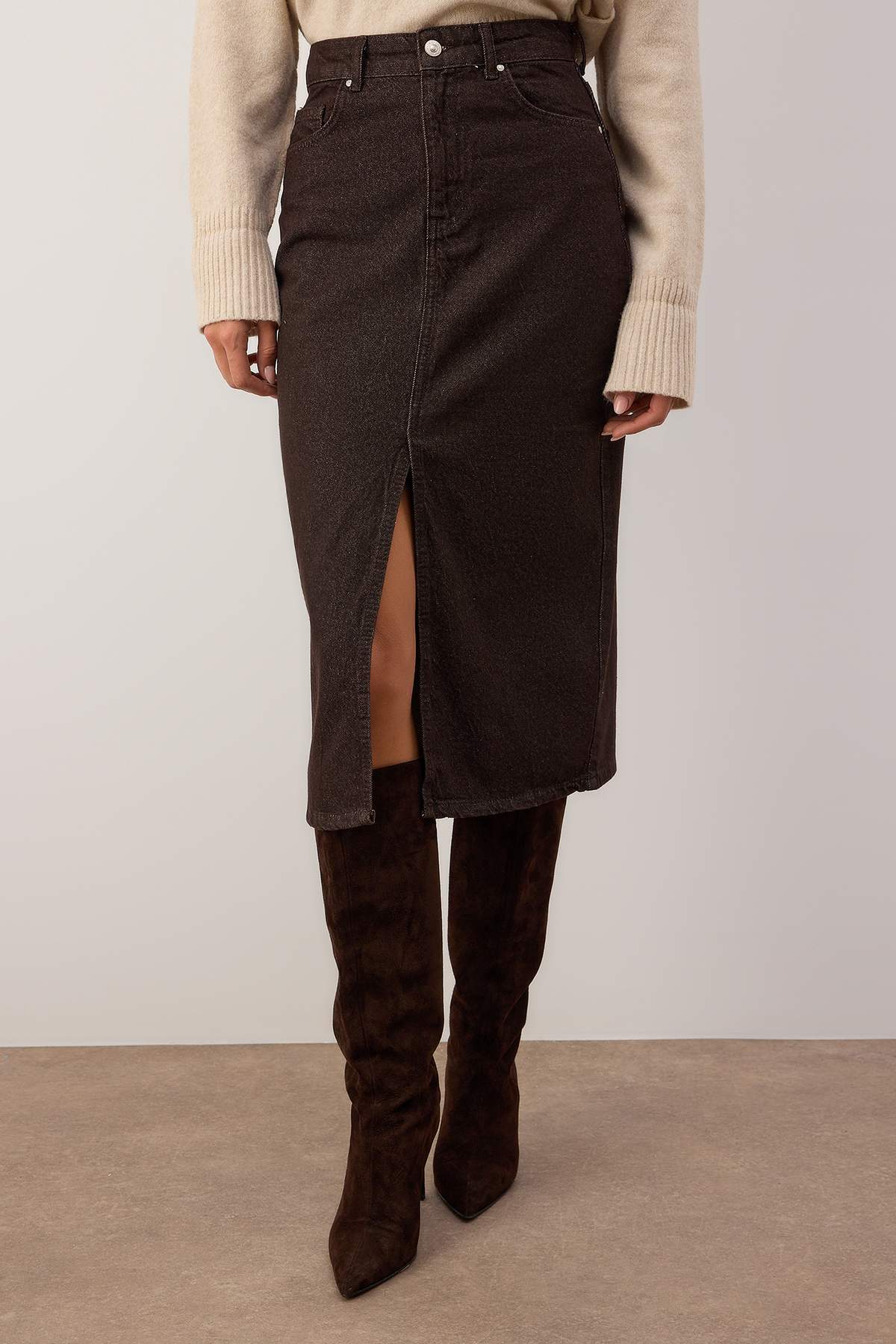 Kahverengi Denim Midi Etek TWOAW26ET00140