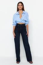 Trendyolmilla Mavi*002 Yüksek Bel Wide Leg Geniş Paça %100 Pamuk Non-Stretch Jeans TWOSS23JE00083