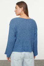 Trendyolmilla Koyu Mavi Merserize Görünümlü Yünlü Geniş Kalıp Basic Triko Kazak TWOAW23KZ01844