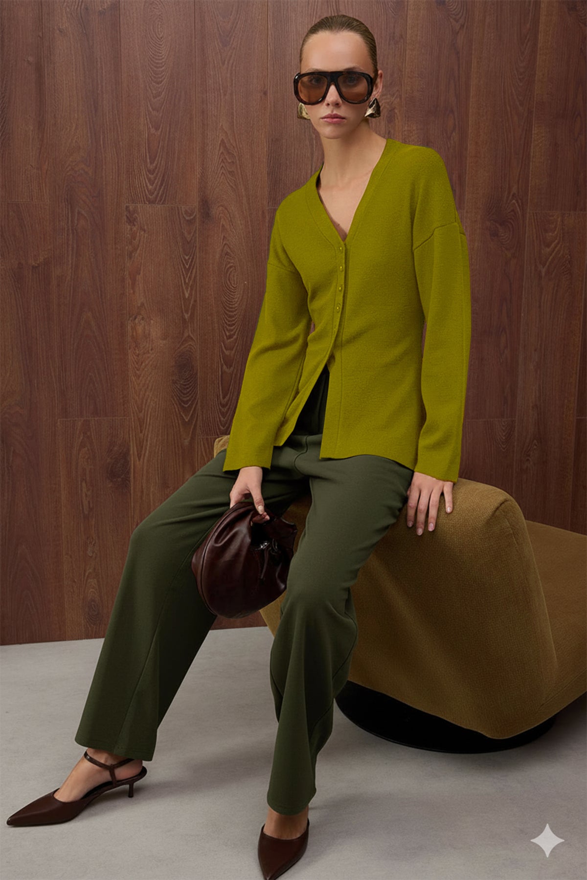 Trendyolmilla Yağ Yeşil V Yaka Merserize Görünümlü Premium İplik/Özel İplik Triko Hırka TWOAW26HI00079 Secondary image