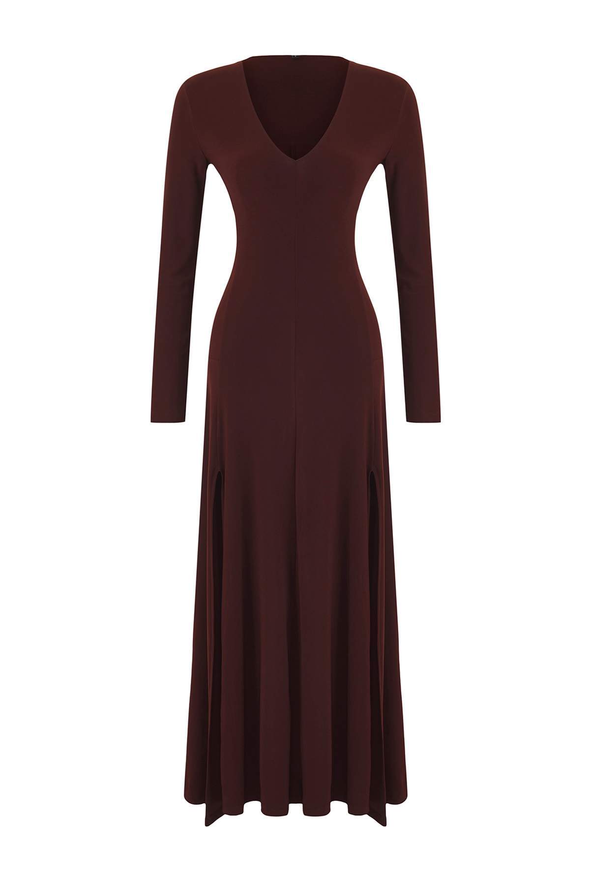 Trendyolmilla Bordo Düz Limited Edition V Yaka Skater/Belden Açılan Esnek Maxi Örme Elbise TWOAW25EL00299