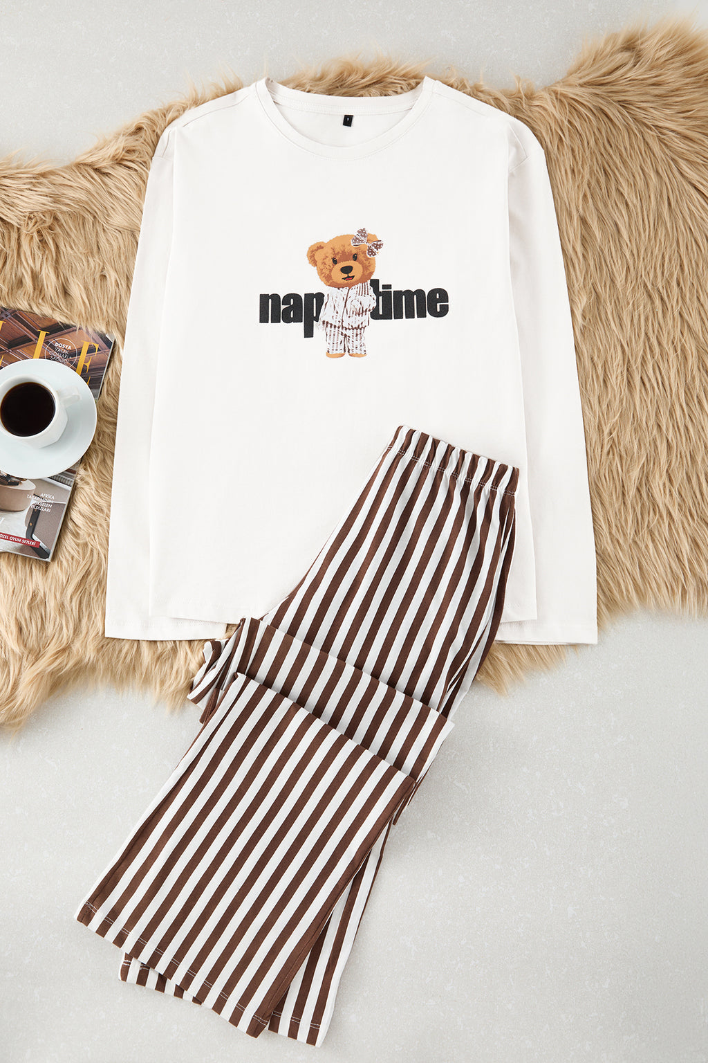 Trendyolmilla Mint %100 Pamuklu Çizgili Ayıcıklı Örme Pijama Takımı THMAW25PT00171
