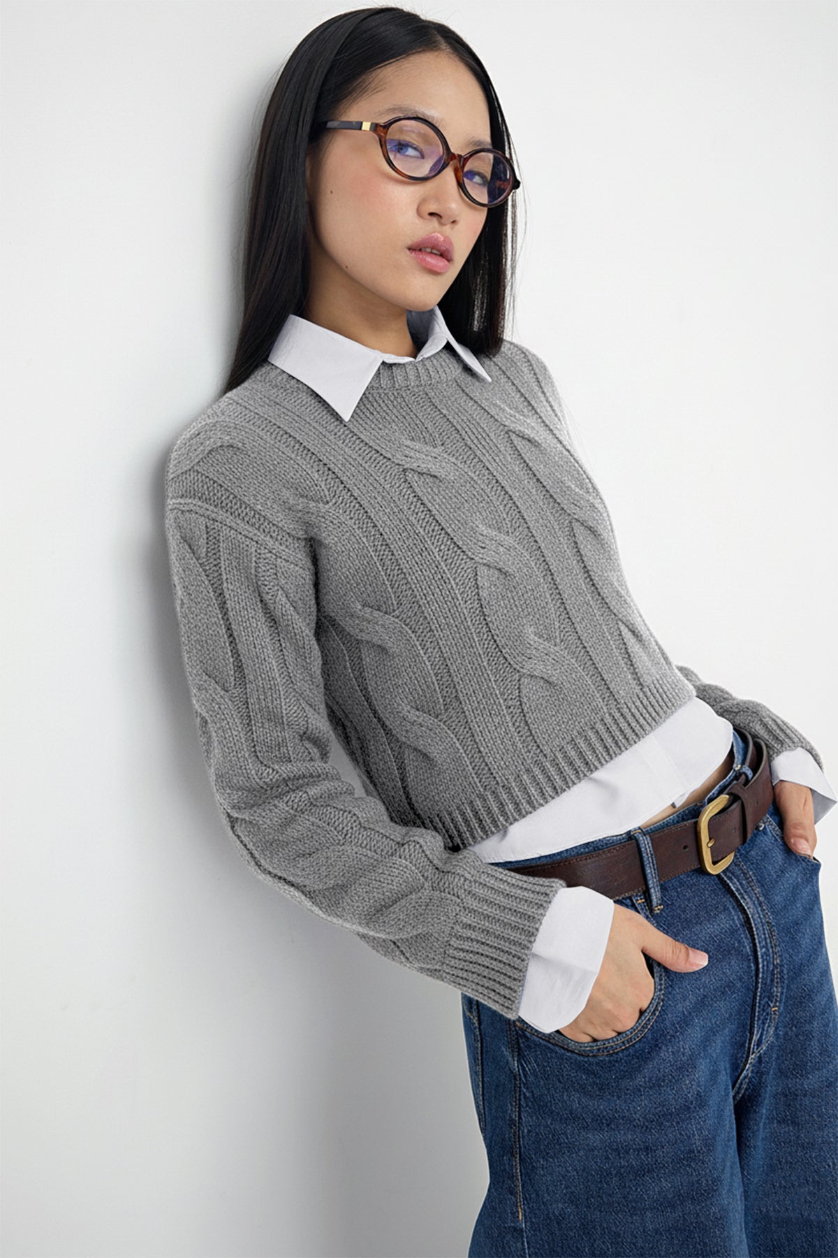 Trendyolmilla Teen Koyu Gri Gömlek Garnili Detaylı Crop Triko Kazak TWOAW26KZ00047
