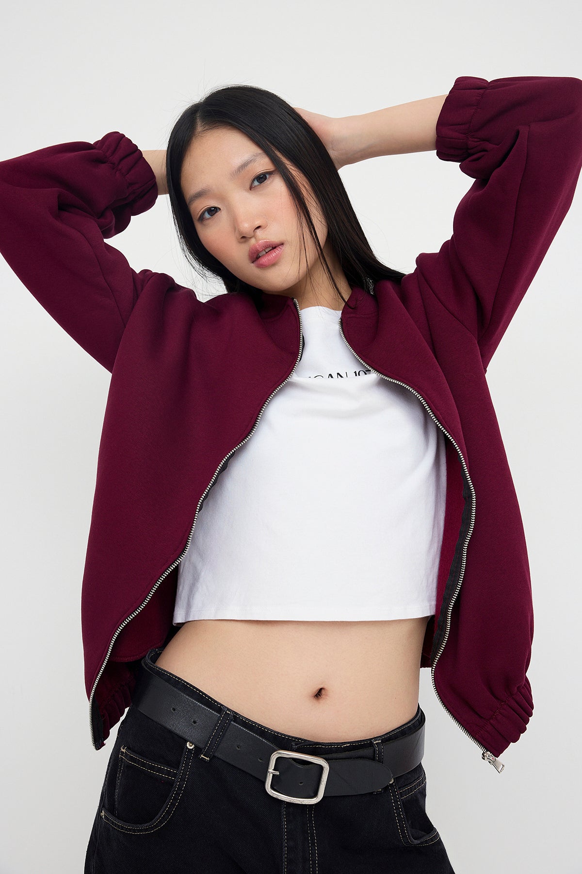 Trendyolmilla Teen Koyu Bordo Fermuarlı Oversize/Geniş Kalıp Kalın İçi Polarlı Örme Sweatshirt TWOAW25SW00122 Secondary image