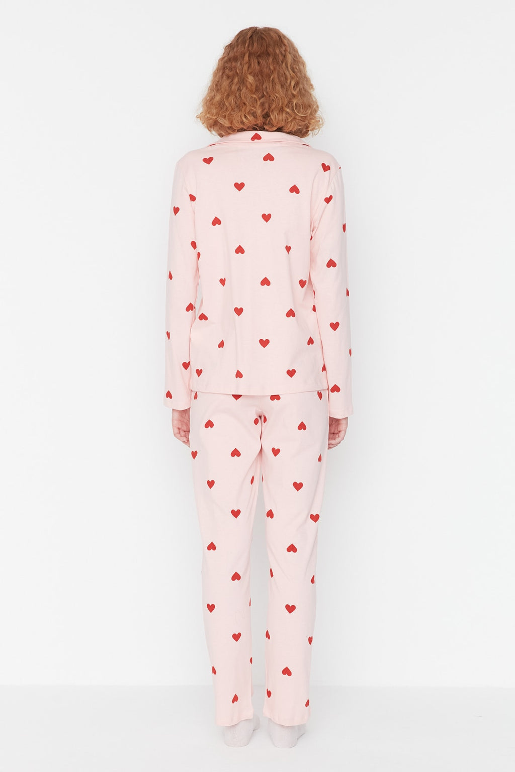 Trendyolmilla Kırmızı %100 Pamuklu Kalpli Örme Pijama Takımı THMAW21PT0548