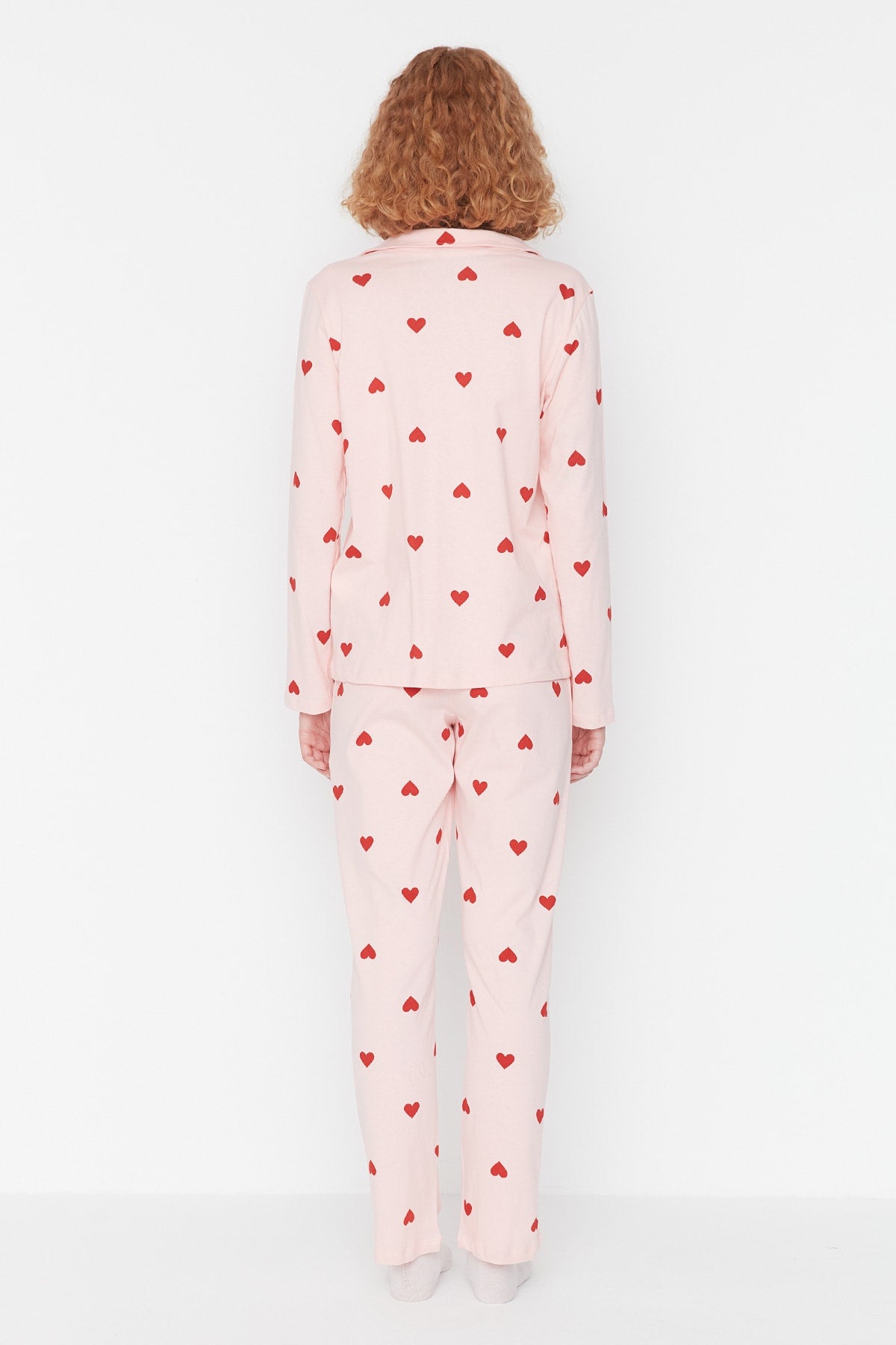 Trendyolmilla Kırmızı %100 Pamuklu Kalpli Örme Pijama Takımı THMAW21PT0548
