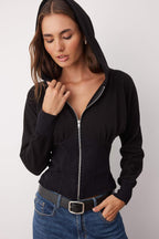 Siyah Fermuarlı Kapüşonlu Belden Oturmalı Esnek Örme Sweatshirt TWOAW26SW00012