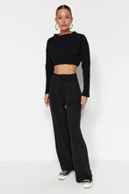 Trendyolmilla Yunus Gri Cırt Cırt Kapamalı Yüksek Bel Pileli Wide Leg/Geniş Kesim Örme Pantolon TWOAW24PL00177