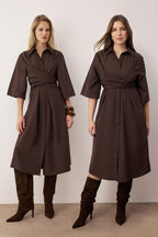 Vücut Seçmeyen Koyu Kahverengi Belli Kuşak Detaylı Dokuma Elbise TWOAW26EL00243