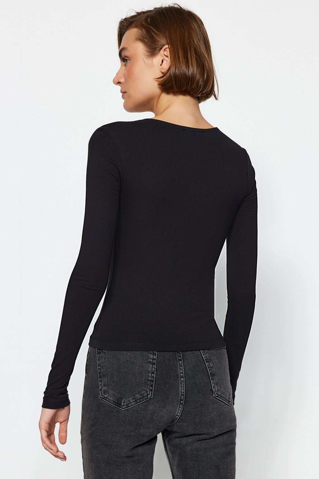 Siyah Pamuklu Esnek Kare Yaka Fitted/Vücuda Oturan Esnek Bluz TWOAW24BZ00165