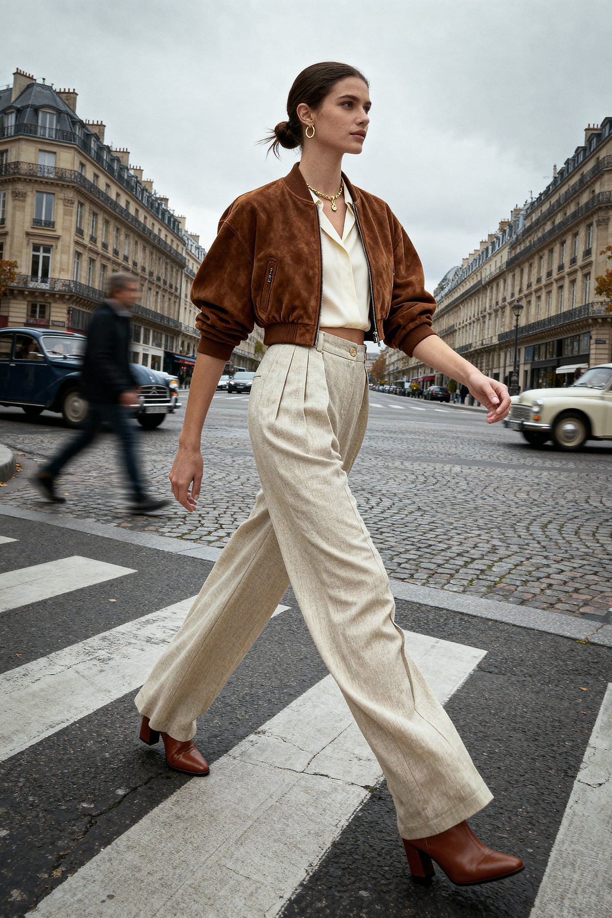 Bej Nervürlü Wide Leg/Geniş Paça Pamuk Keten Dokuma Pantolon TWOSS24PL00062 Main image