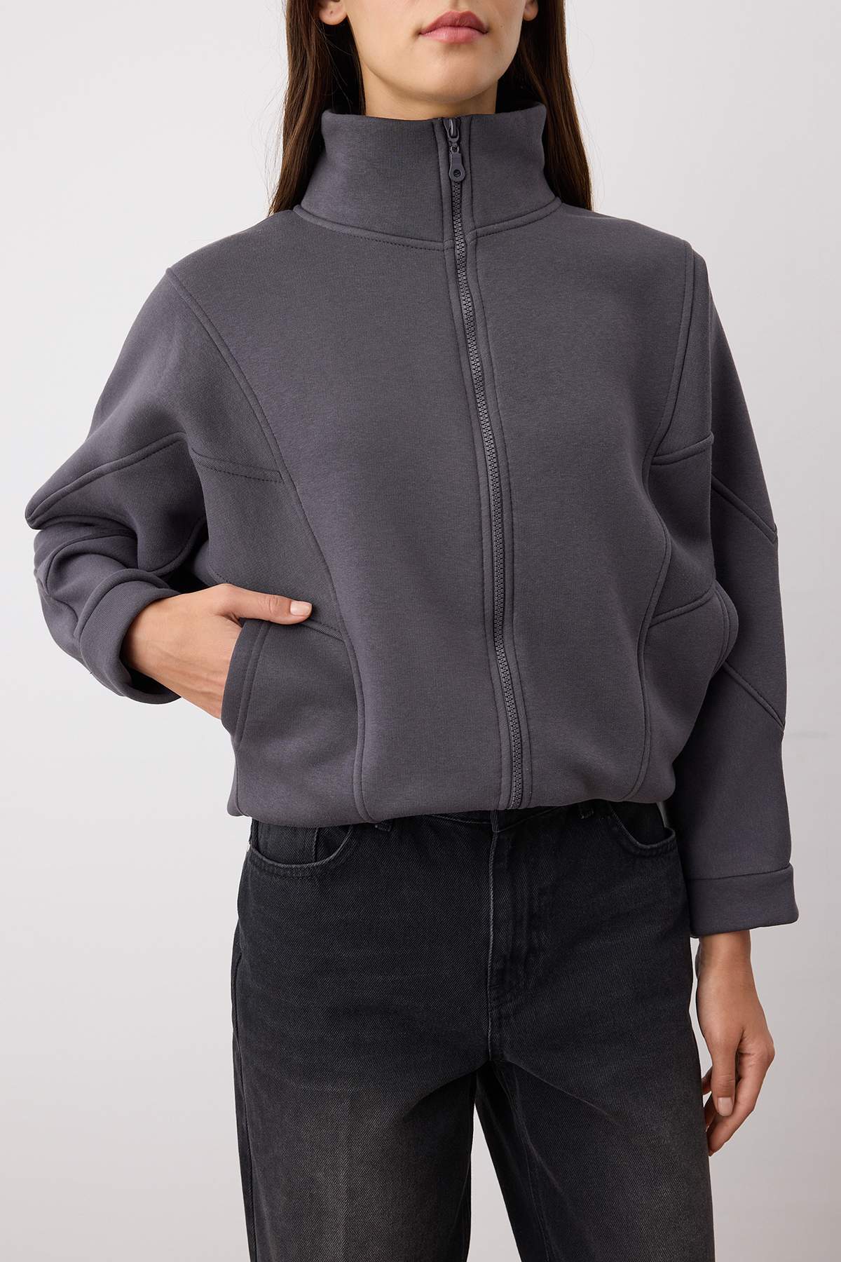 Gri Melanj Bordo Renk Bloklu Fermuarlı Dik Yaka Oversize Bomber Örme Sweatshirt TWOAW26SW00037