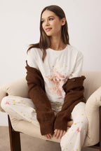 Ekru %100 Pamuklu Kurdele ve Yıldız Baskılı Örme Pijama Takımı THMAW26PT00116