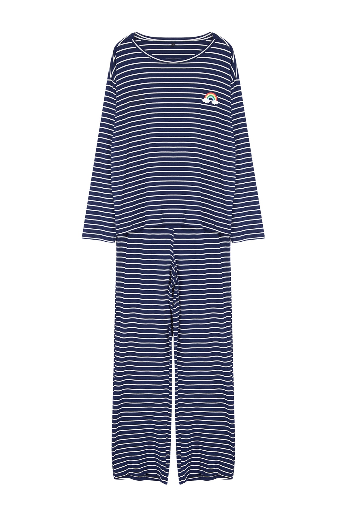 Trendyolmilla Kırmızı Çizgili Gökkuşağı Baskılı Viskon Örme Pijama Takımı THMAW25PT00014