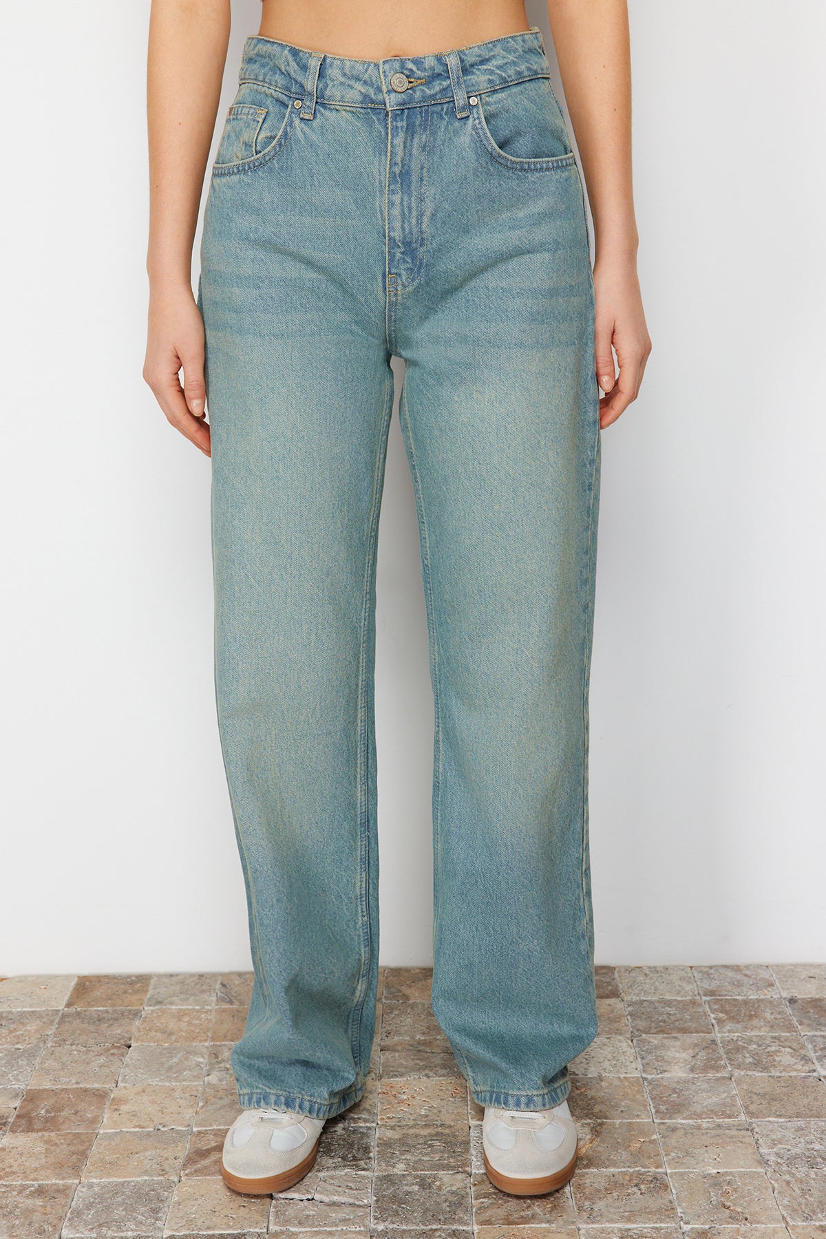 Mavi Soluk Efekt Vintage Yüksek Bel Wide Leg Geniş Paça %100 Pamuk Non-Stretch Jeans TWOSS23JE00166