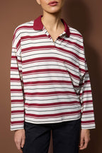 Trendyolmilla Bordo Çizgili Polo Yaka Oversize/Geniş Kalıp Örme Sweatshirt TWOAW26SW00051