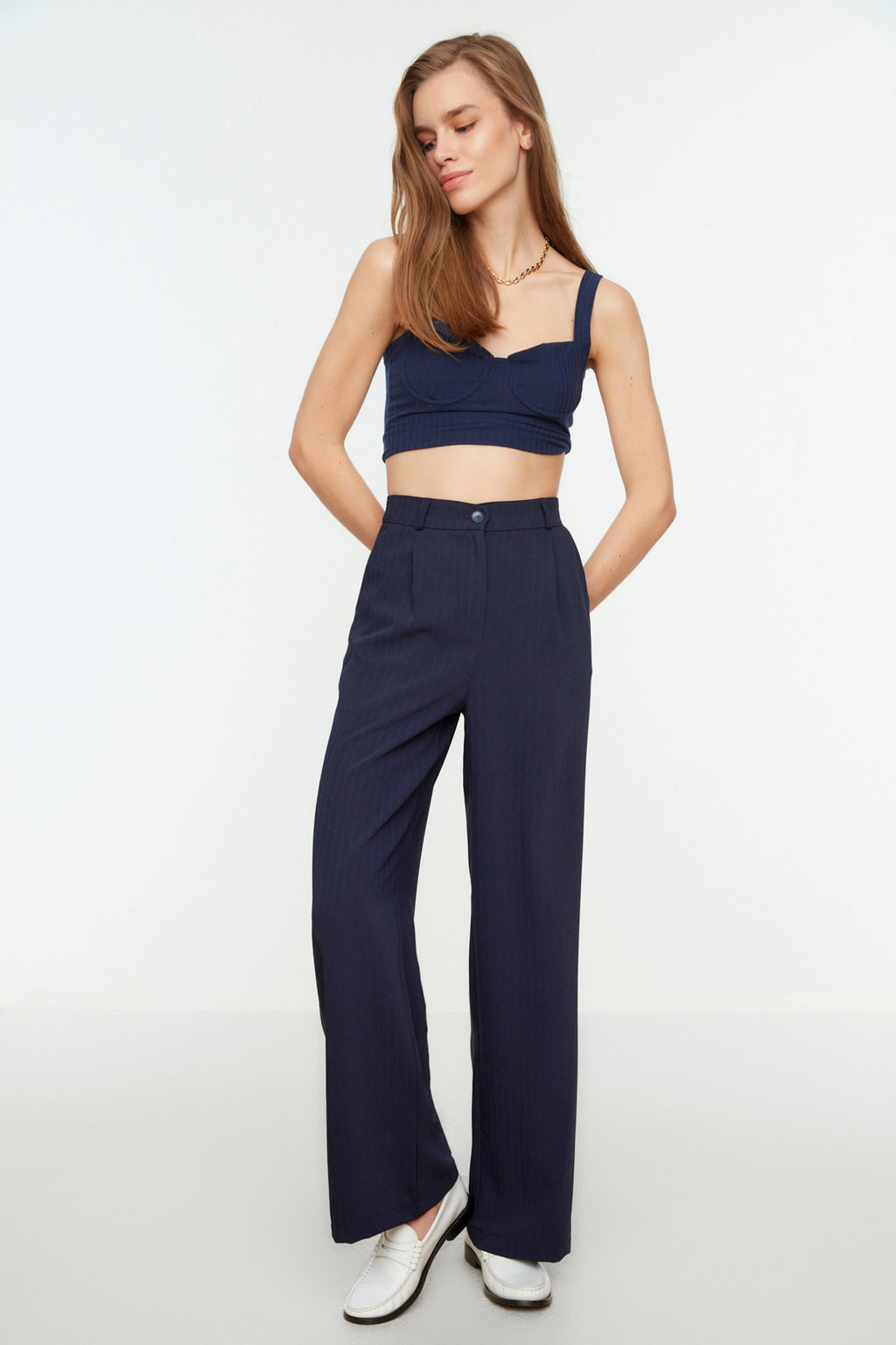 Lacivert Yüksek Bel Wide Leg/Geniş Paça Çizgili Dokuma Pantolon TWOSS22PL0100