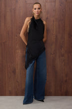 Özel Koleksiyon Siyah Degaje Yaka Asimetrik Kesim Saten Party Bluz TPRAW26BZ00044