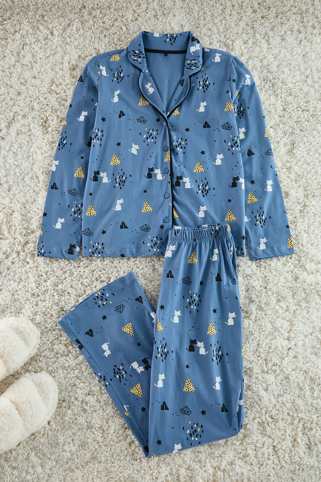 Trendyolmilla Mavi %100 Pamuklu Desenli Örme Pijama Takımı THMAW21PT0084
