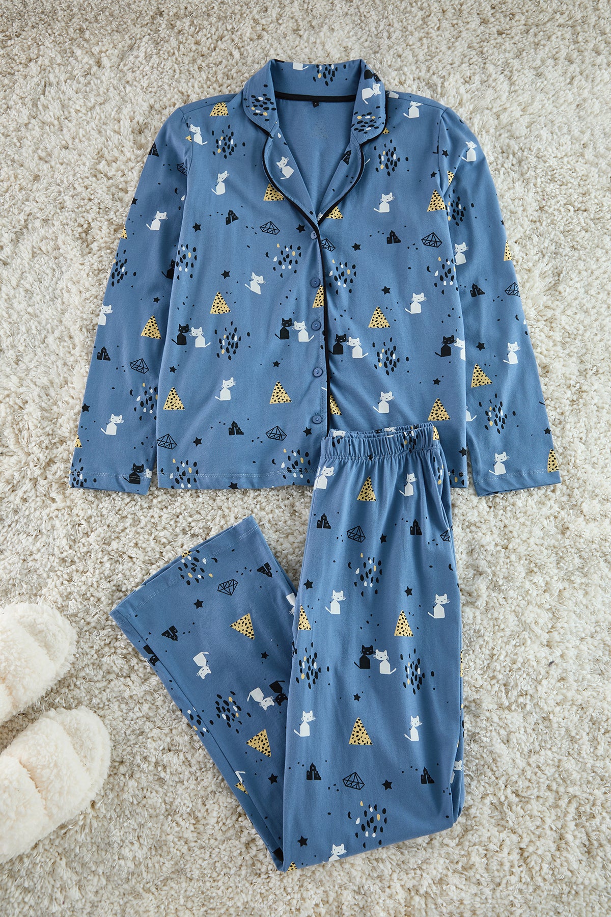 Trendyolmilla Mavi %100 Pamuklu Desenli Örme Pijama Takımı THMAW21PT0084