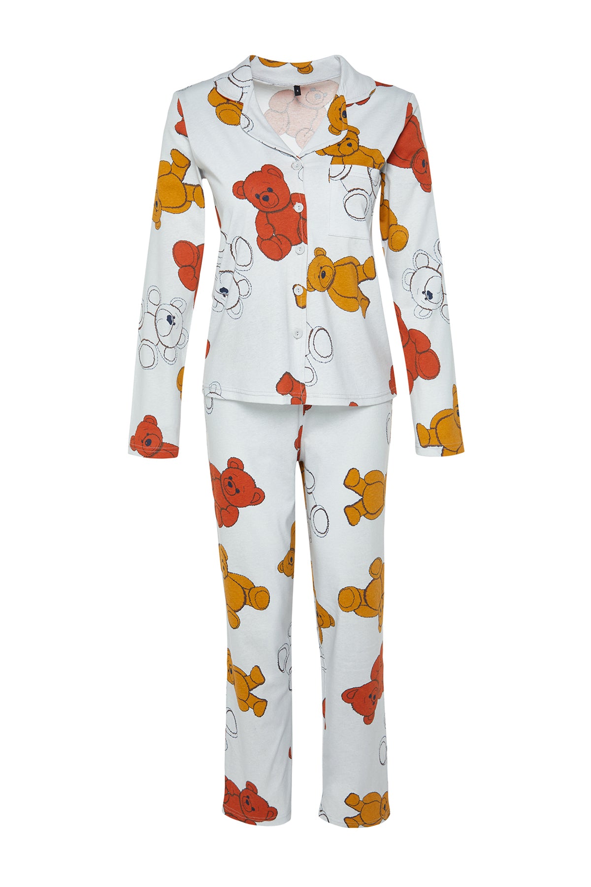Trendyolmilla Koyu Yeşil %100 Pamuklu Tavşan Desenli Gömlek-Pantolon Örme Pijama Takımı THMAW24PT00002