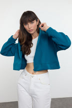 Trendyolmilla Petrol Fermuarlı Kapüşonlu Rahat Kesim Crop Kalın İçi Polarlı Örme Sweatshirt TWOAW20SW0660