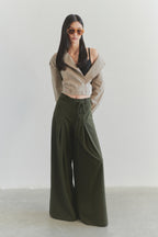Limited Edition Haki Wide Leg Extra Geniş Paça Kuşaklı Dokuma Pantolon TWOSS25PL00082